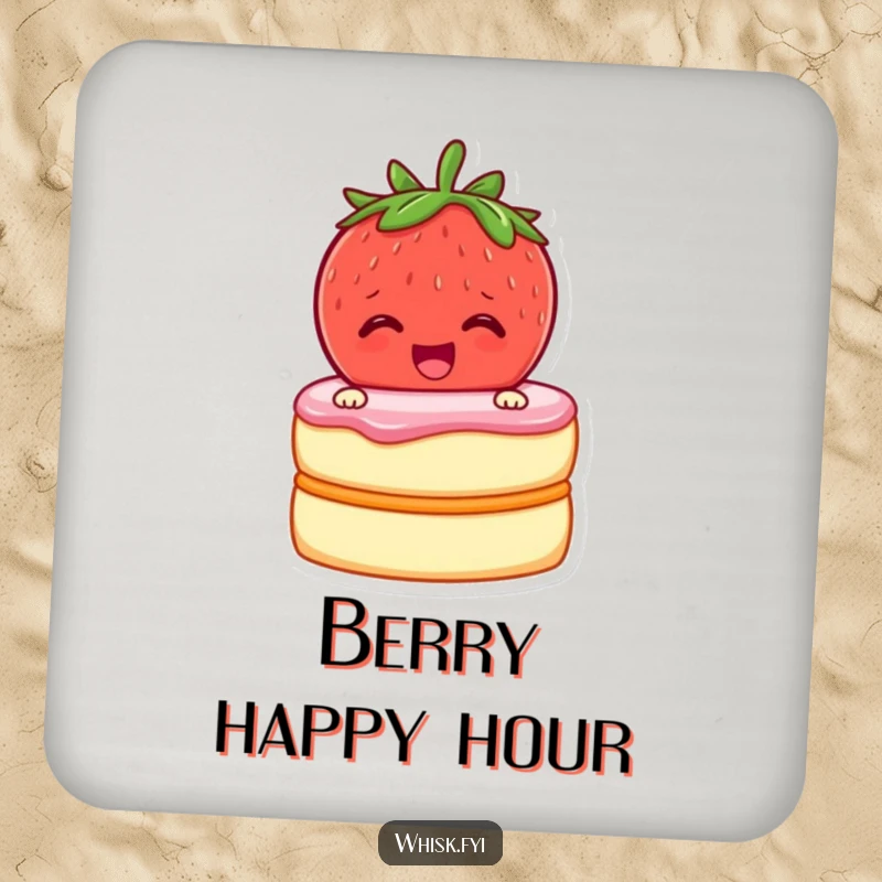 Funny drink coaster with a cheerful strawberry zipping cake layers together, protecting surfaces with sweet charm.