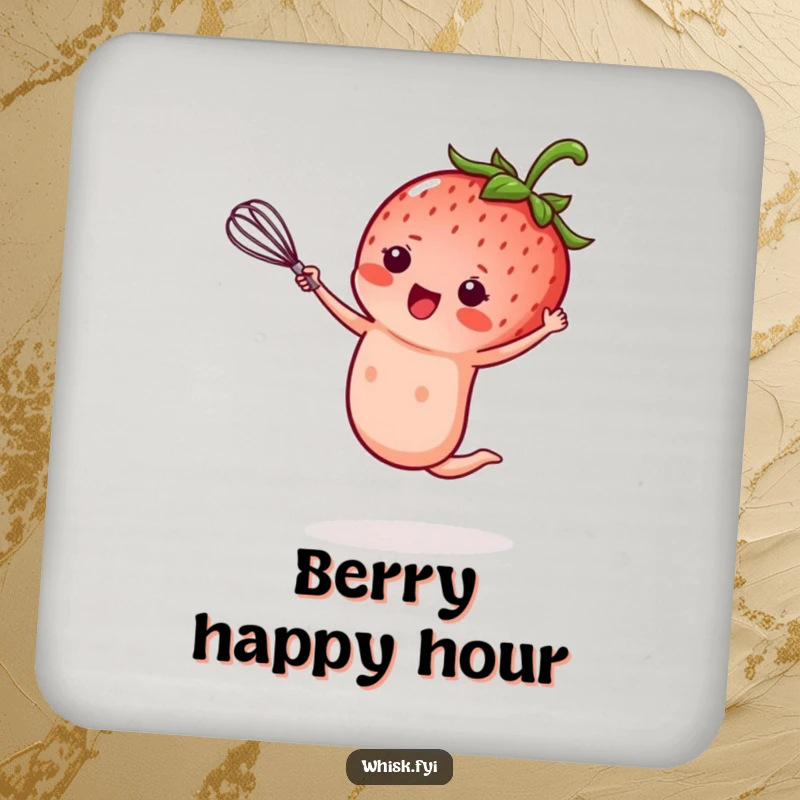 Funny kawaii strawberry drink coaster, performing a cartwheel while holding a tiny whisk, hilarious protection for your table, perfect funny gift.