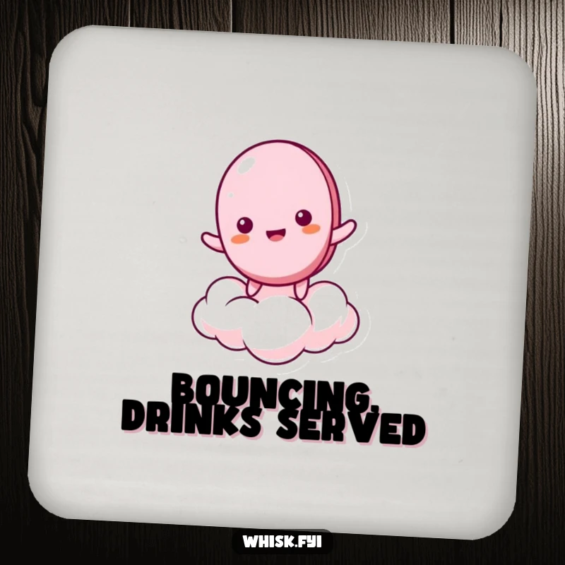 Funny coaster featuring a giddy macaron character bouncing on a cloud, adding whimsical humor and charm to drink surfaces.