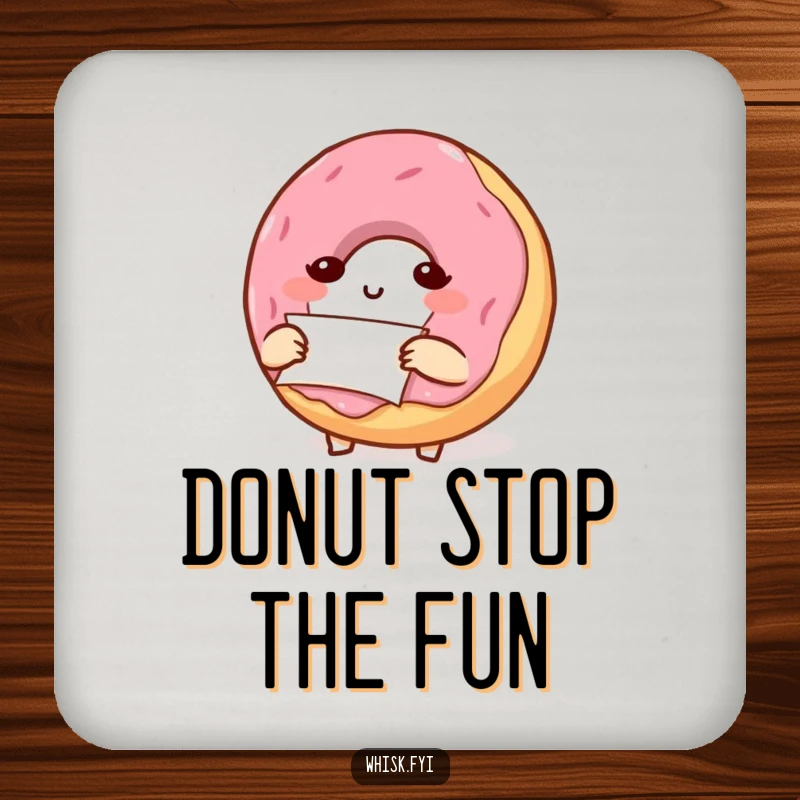Funny drink coaster featuring a determined, small donut character carefully folding a small piece of parchment paper, a precise baking accessory.