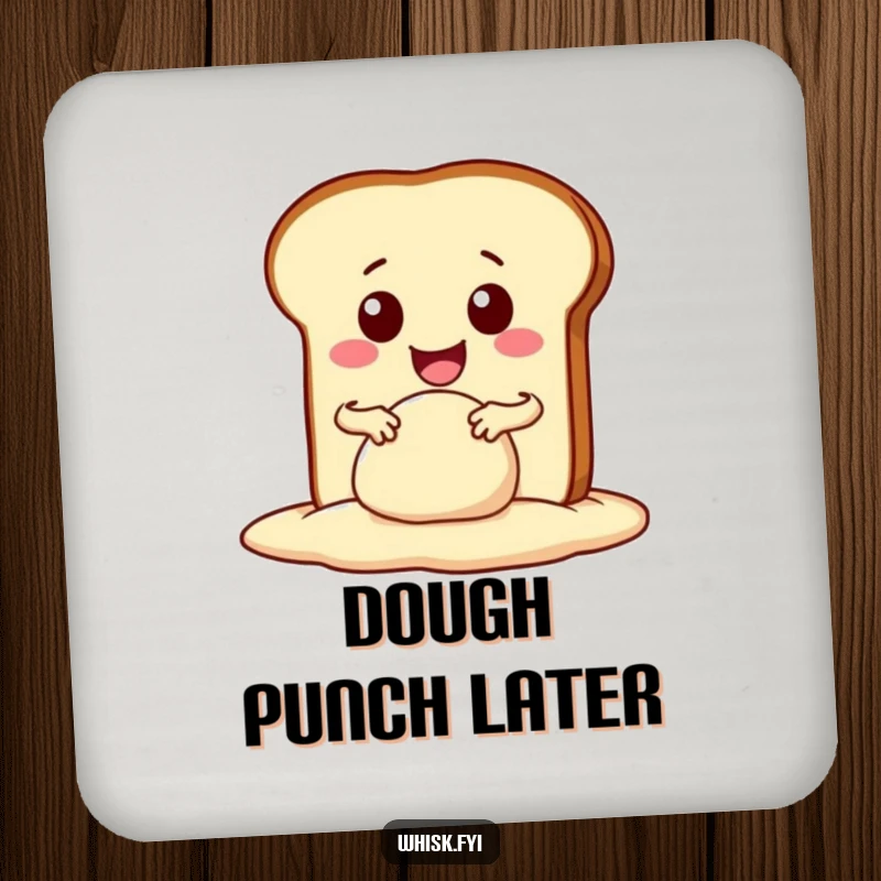 Funny kawaii bread slice enthusiastically kneading dough with a wide smile, printed on a protective drink coaster. Adds culinary humor.
