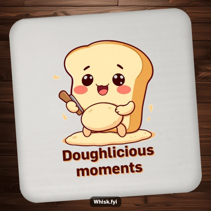 Funny Kawaii bread drink coaster, featuring an excited bread loaf character kneading dough, adding a touch of baking humor.