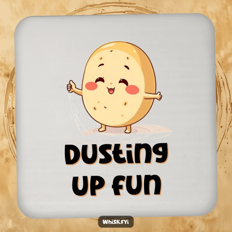 Funny bread coaster showing a happy baker character energetically dusting flour on a surface, protecting tables.