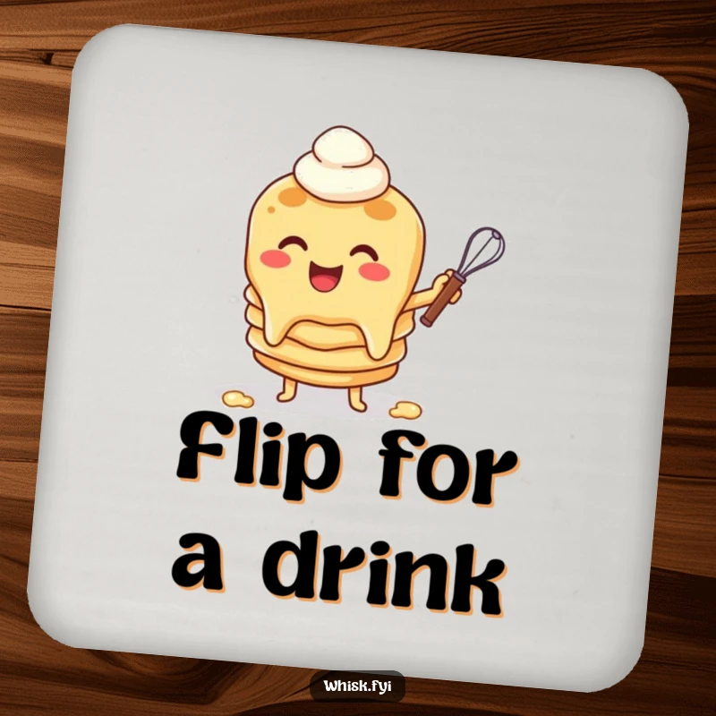 Funny drink coaster with a cheerful pancake character flipping batter with a whisk, protecting surfaces with breakfast humor.