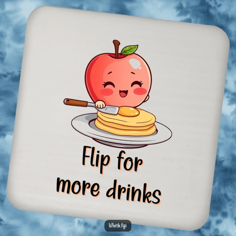 Funny blushing red apple character flipping a pancake with flair on a drink coaster, a set of humorous breakfast accessories.