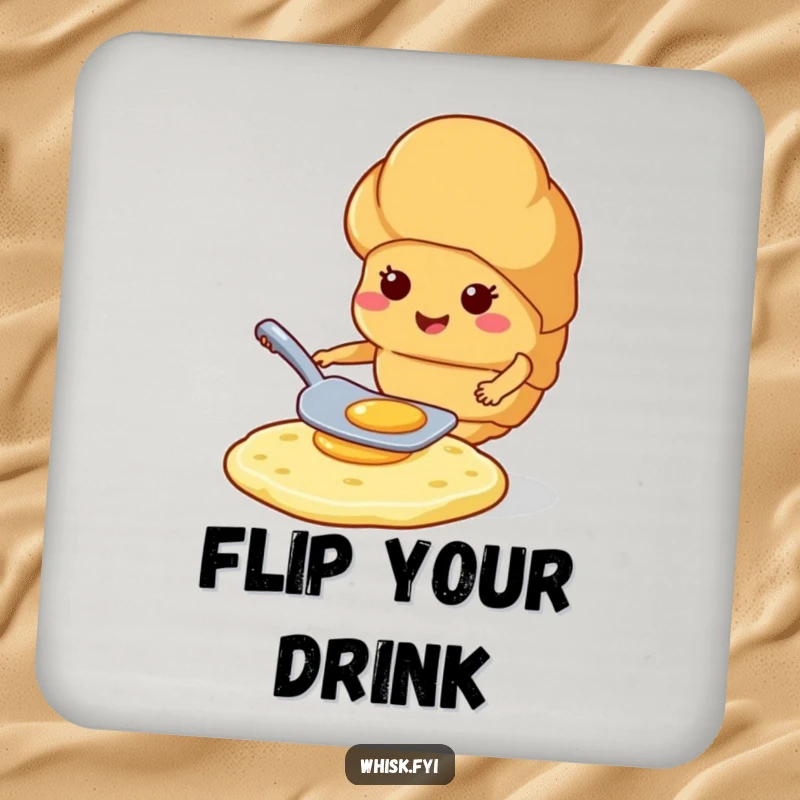 Funny smiling croissant expertly flipping a pancake with a spatula on a humorous drink coaster.