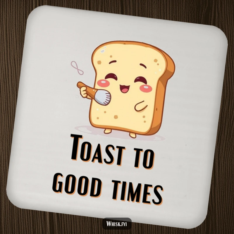Funny coaster featuring a giggling bread slice character dusting flour with a tiny brush, a charming and practical bar accessory.