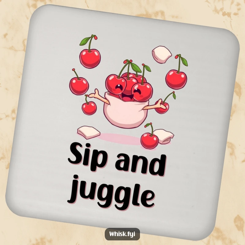 Funny playful bunch of cherries character juggling flour sacks on a protective drink coaster, adding playful charm.