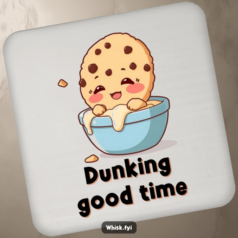 Funny drink coaster featuring a giggling cookie crumbling slightly while being dunked, protecting surfaces with humor.