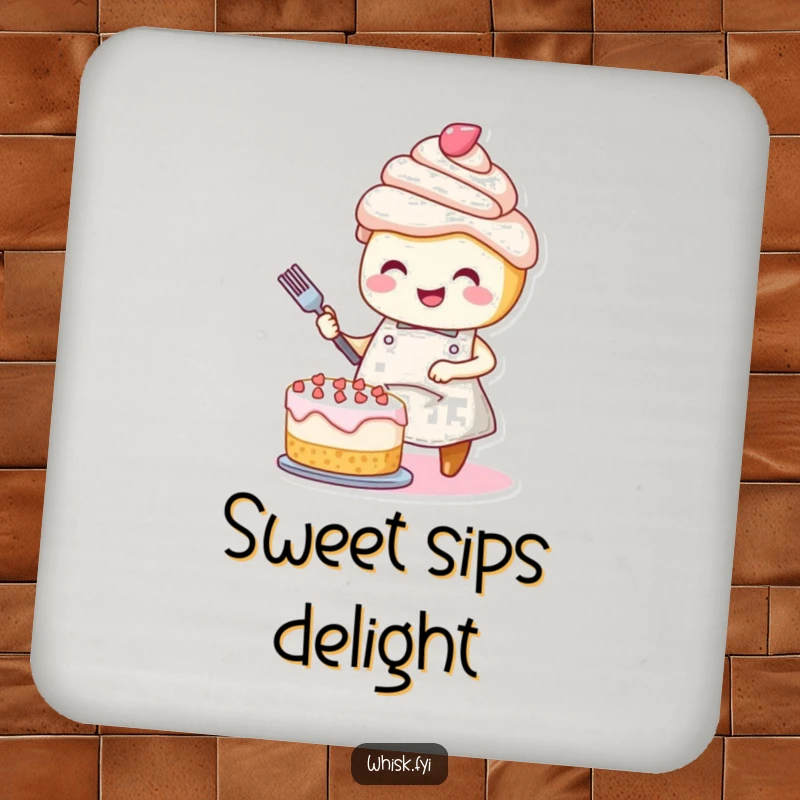 Funny coasters: A smiling cupcake joyfully decorating a cake, offering sweet protection for drinks.