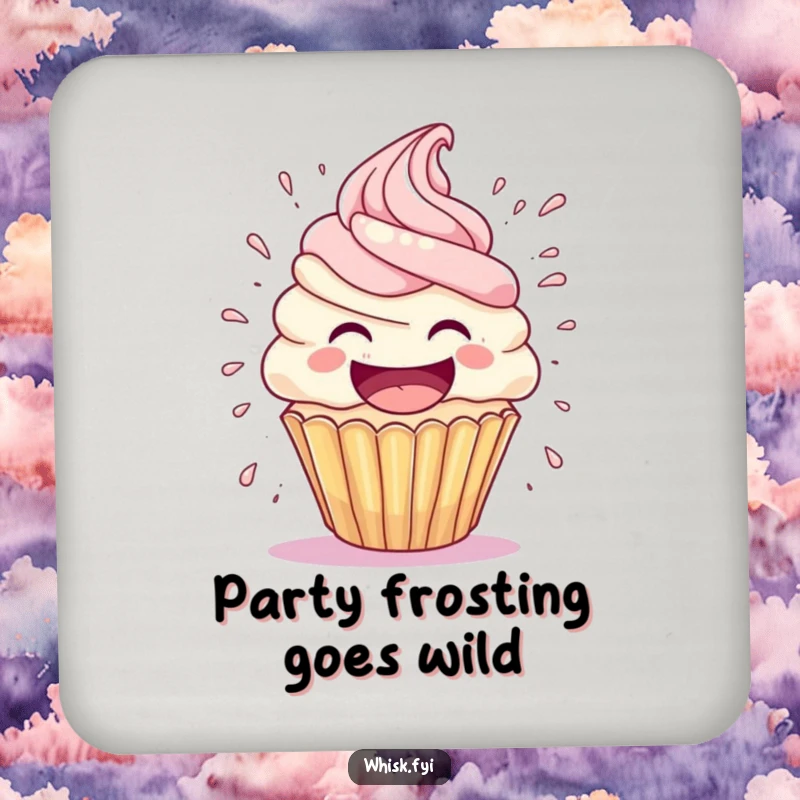 Funny cupcake coaster with a laughing cupcake character mid-frosting explosion, protecting surfaces with a humorous and sweet touch.