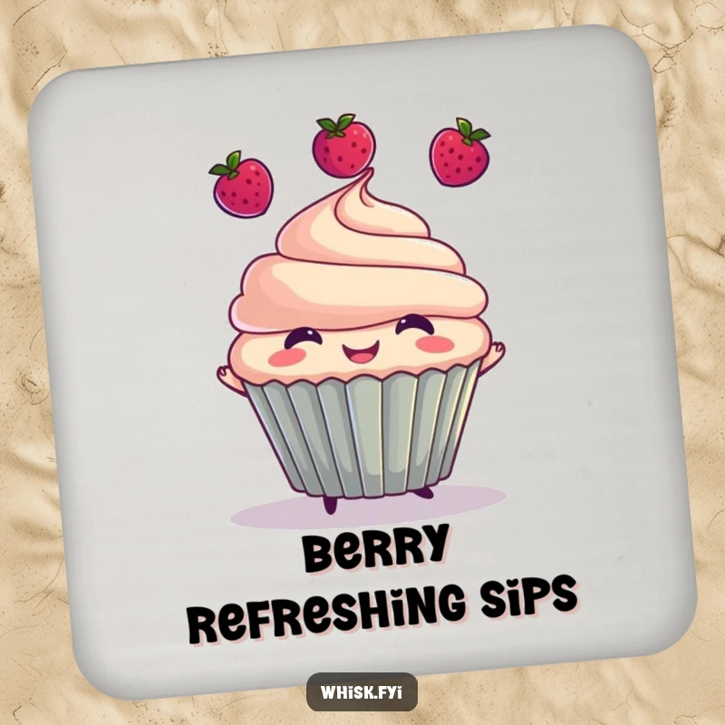 Funny drink coaster with a smiling cupcake character tossing three small berries, a charming and humorous accessory for any table.