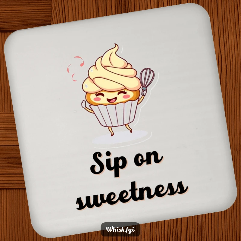 Funny drink coaster with a smiling cupcake character playfully twirling a whisk, protecting surfaces with sweet baking humor.