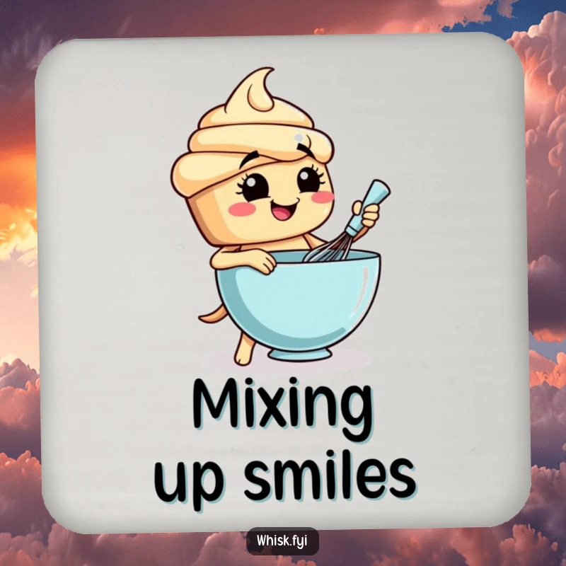 Funny cupcake coaster showing a happy baker character whisking a bowl of batter, protecting surfaces.