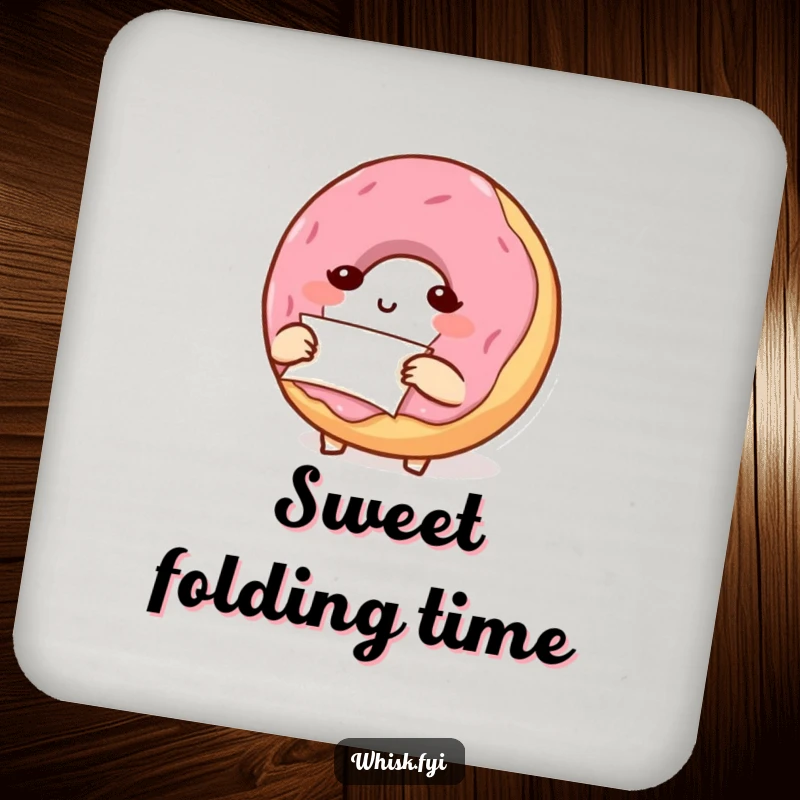 Funny donut character carefully folding parchment paper, printed on a protective round coaster for kitchen use.