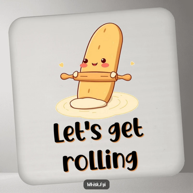 Funny drink coasters featuring a gleeful baguette rolling dough with a tiny rolling pin, protecting furniture with humorous and baking-themed designs.