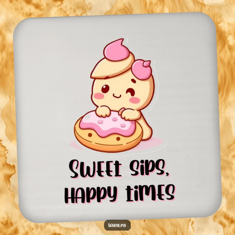 Funny Kawaii cookie character delighted and icing another cookie on a drink coaster, representing baking artistry.