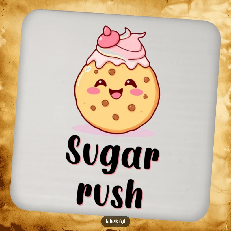 Funny kawaii cookie drink coaster, gleefully icing itself with a cheerful flourish, decorative and protective.