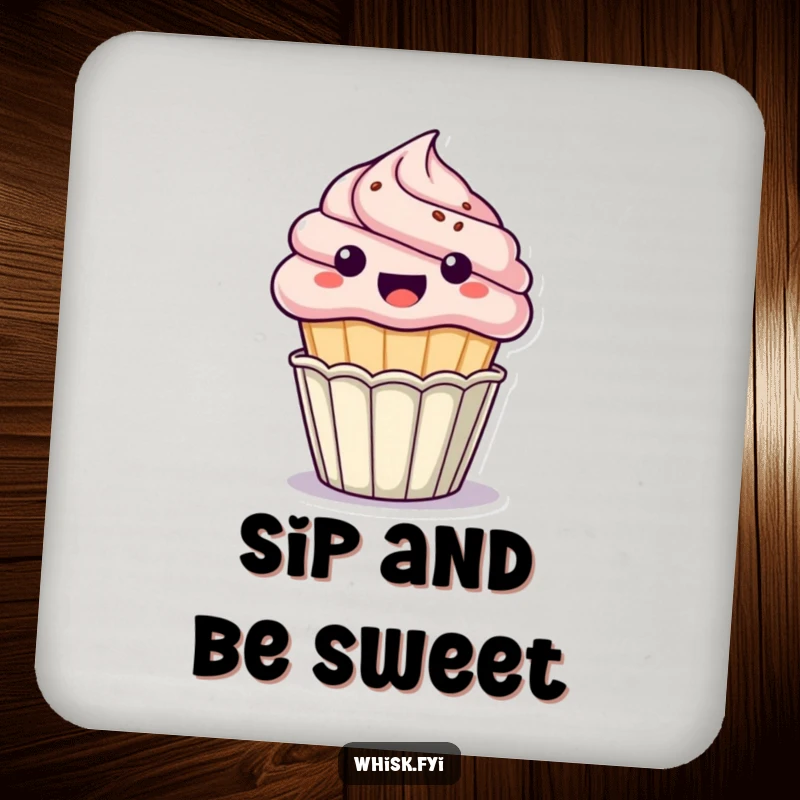 Funny kawaii cupcake drink coaster, excitedly popping out of its paper cup, protecting surfaces with hilarious art, perfect funny gift.