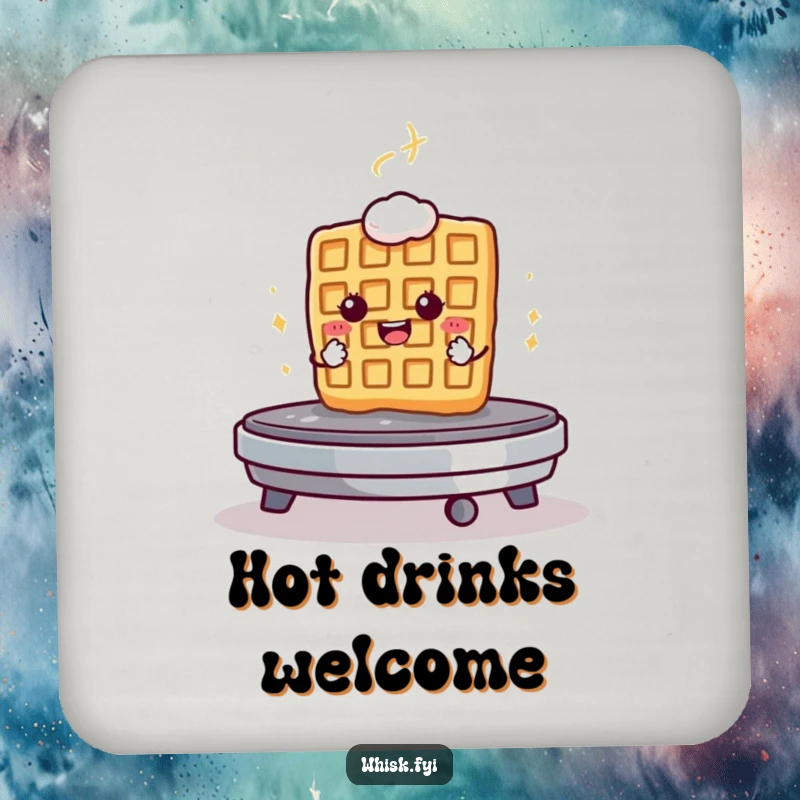 Funny drink coaster featuring a determined waffle bravely facing a hot griddle, protecting surfaces with humor.