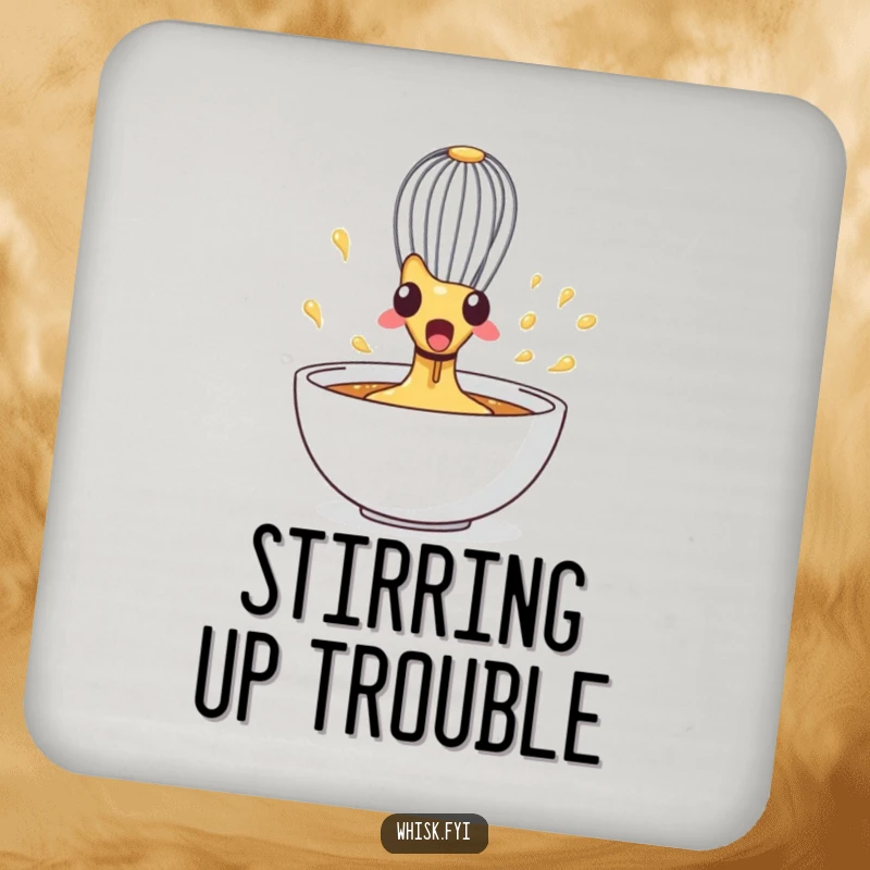 Funny Whisk Drink Coaster depicting a surprised whisk spinning wildly in a bowl, a humorous and protective addition to tables.