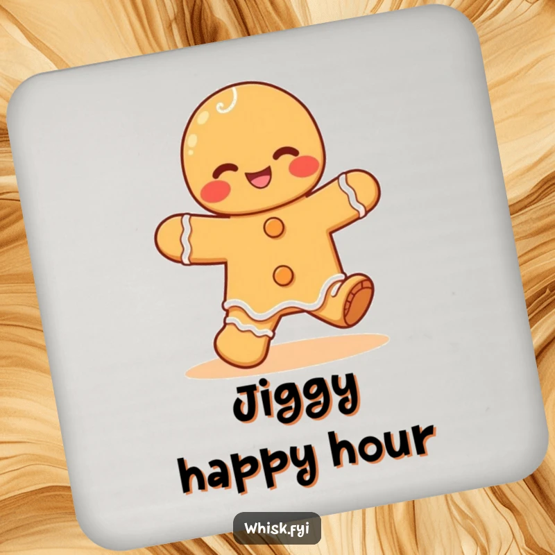 Funny Kawaii gingerbread drink coaster, featuring a giggling gingerbread man doing a happy jig, adding sweet humor.