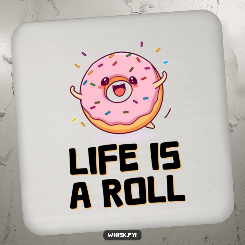 Funny donut coaster featuring a cheerful donut character rolling with sprinkles exploding, protecting surfaces with a humorous touch.