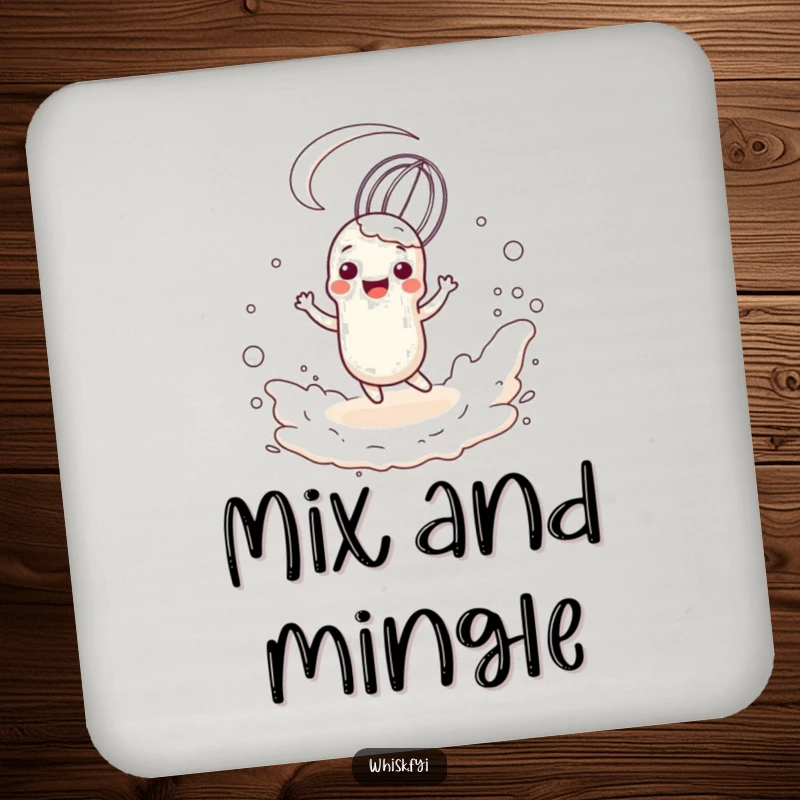 Funny whisk character joyfully twirling in a flour cloud, printed on a protective round coaster for kitchen use.