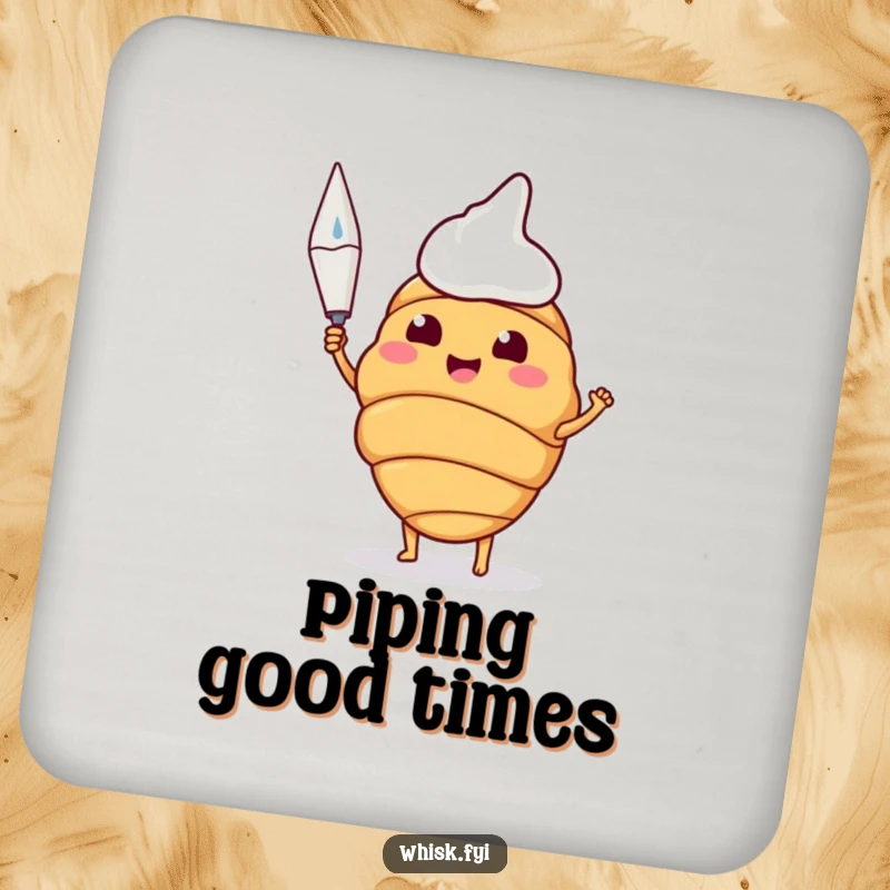 Funny drink coaster with a happy croissant proudly holding a piping bag, protecting surfaces with style.