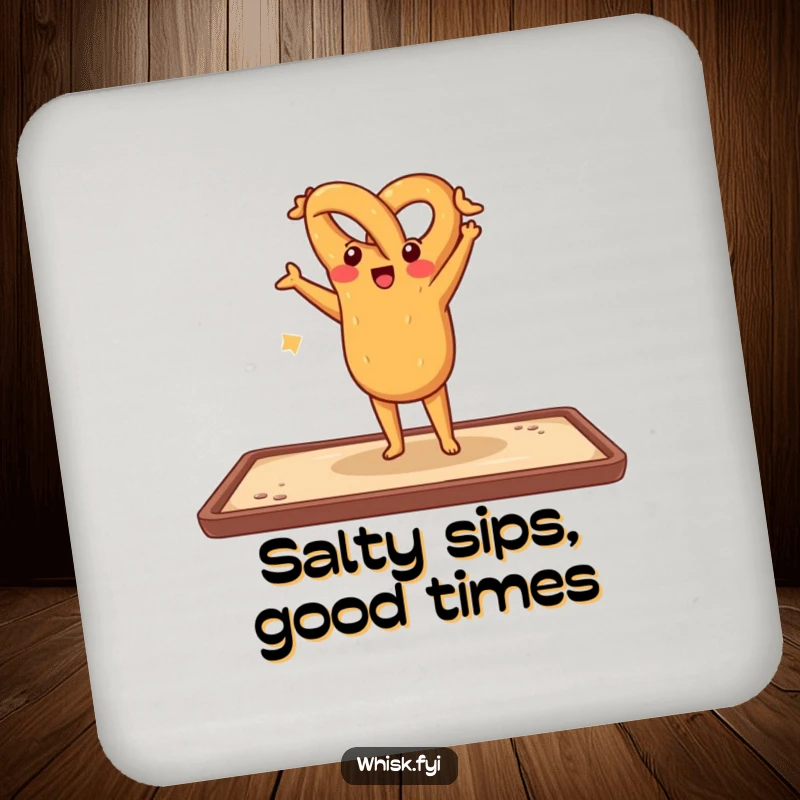 Funny drink coasters depicting a cheerful pretzel doing a handstand on a baking sheet, adding playful humor to tabletops.