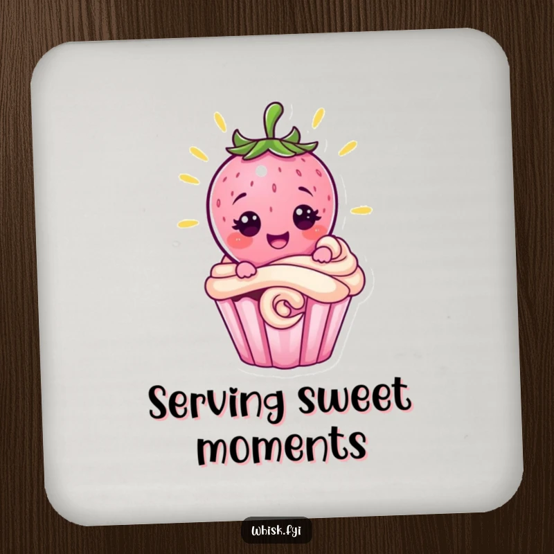 Funny pink strawberry character decorating a cupcake on a drink coaster, a set of charming baking humor accessories.