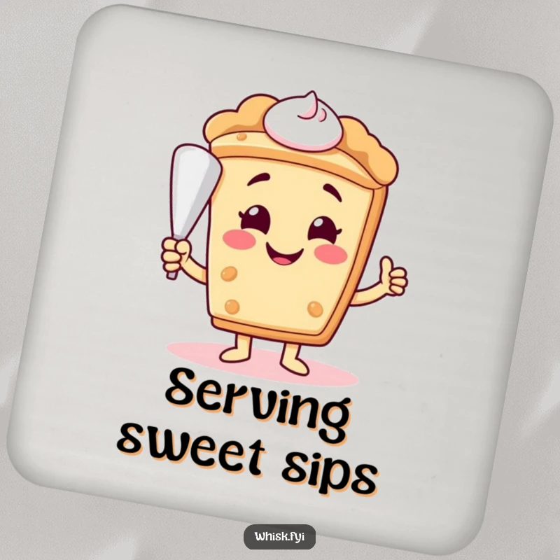 Funny smiling slice of pie character with a piping bag on a protective drink coaster, adding sweet charm.