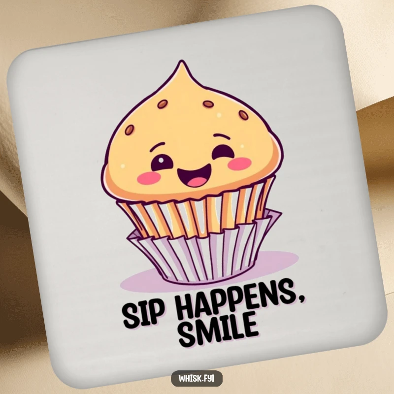 Funny drink coaster with a joyful muffin character popping out of its liner with infectious glee.