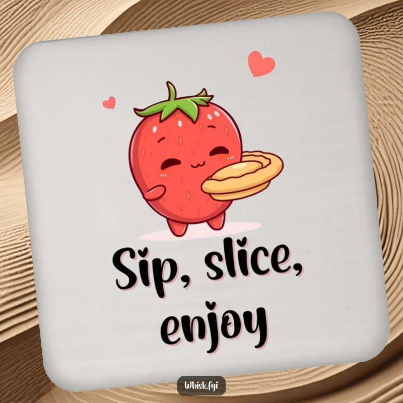 Funny drink coaster featuring a shy, blushing strawberry character presenting a pie, protecting surfaces with a cute and charming design.