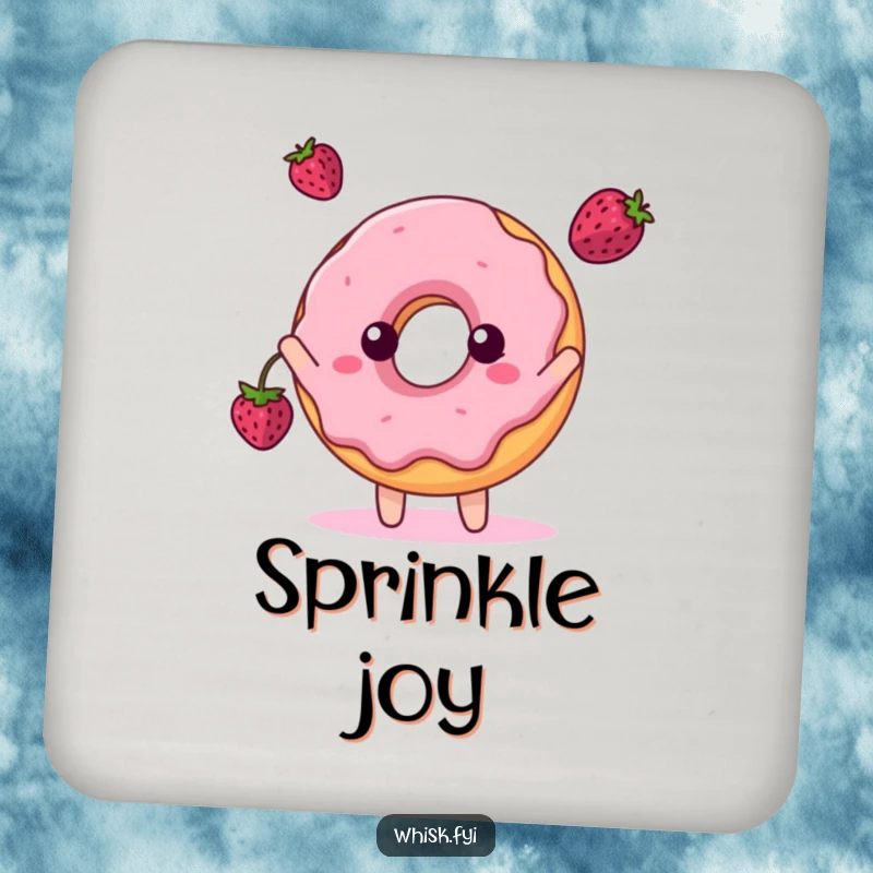 Funny coaster featuring a playful donut character tossing a berry, adding sweet humor to table settings.
