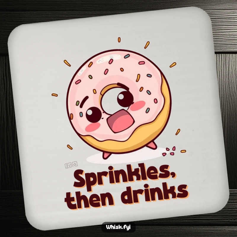 Funny coaster featuring a startled doughnut character losing sprinkles, adding a humorous touch to any drink setup.