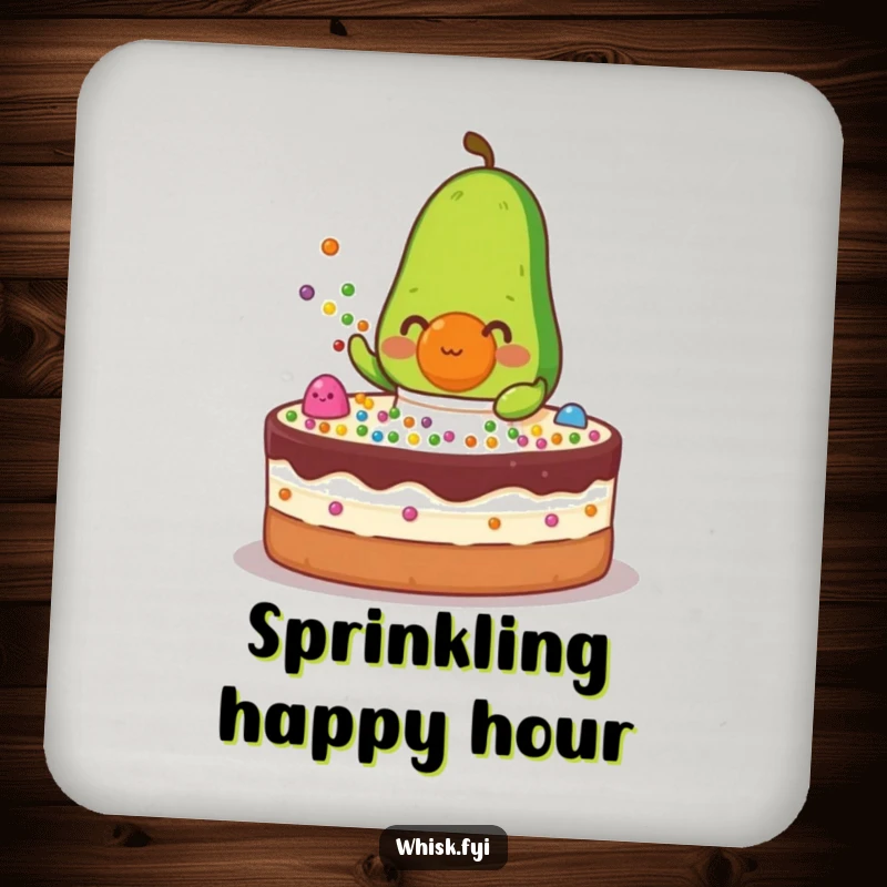 Funny green avocado character in an apron sprinkling colorful dots onto a cake on a drink coaster.