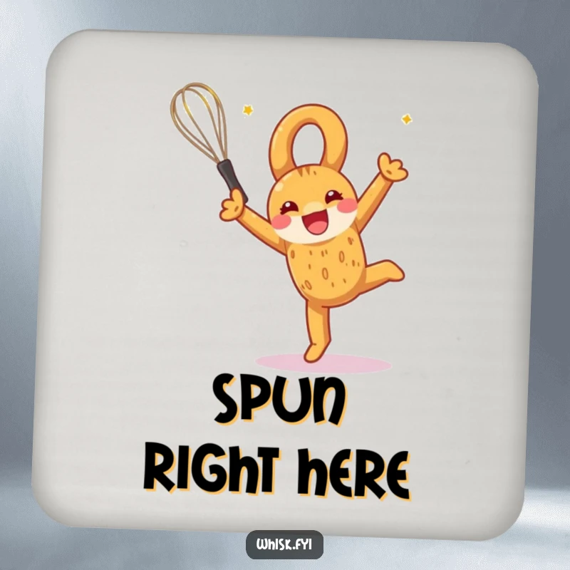 Funny drink coaster featuring a pretzel doing a celebratory somersault with a whisk, protecting surfaces with baking humor.