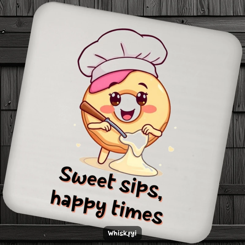 Funny drink coasters featuring a happy donut in a chef hat, mixing batter, adding a sweet and humorous touch to any table.