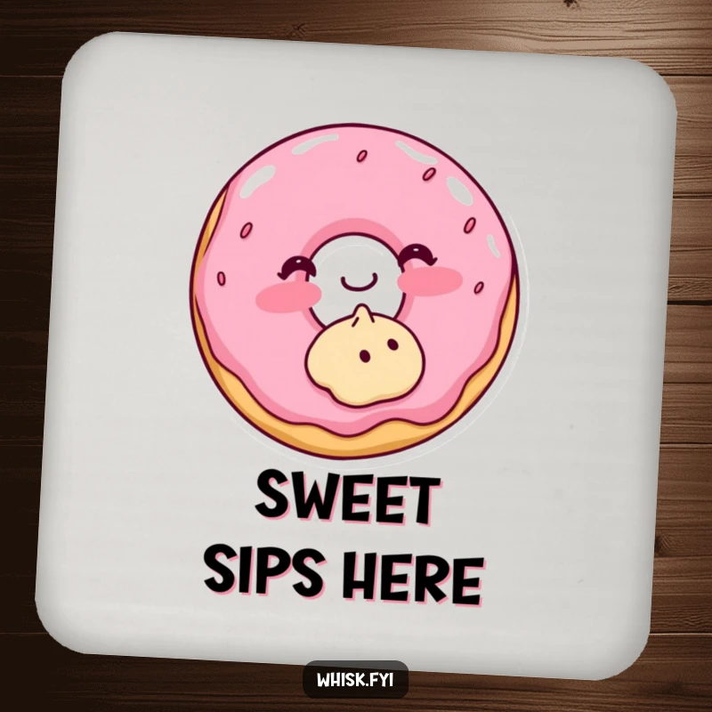 Funny drink coaster featuring a blushing donut frosting a cookie, protecting surfaces with sweet charm.