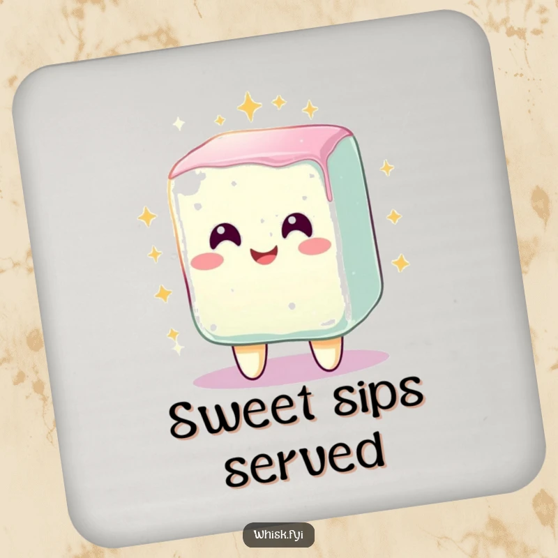 Funny drink coaster featuring a radiant, smiling sugar cube character sparkling brightly, protecting surfaces with sweet charm.