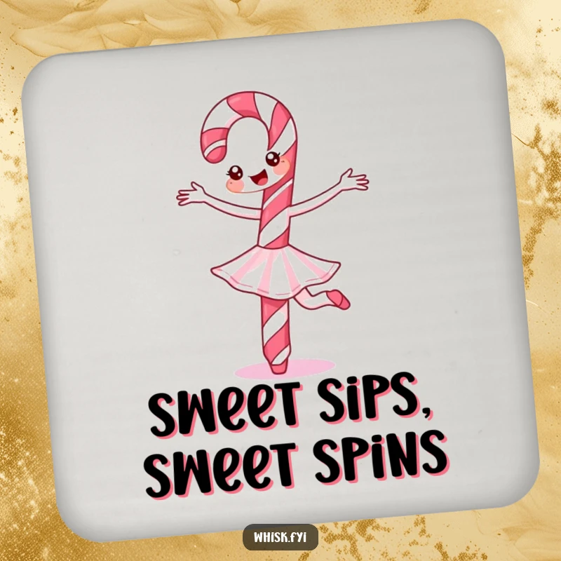 Funny Candy Cane Drink Coaster depicting a cheerful candy cane performing a ballet twirl, a festive and protective addition to tables.