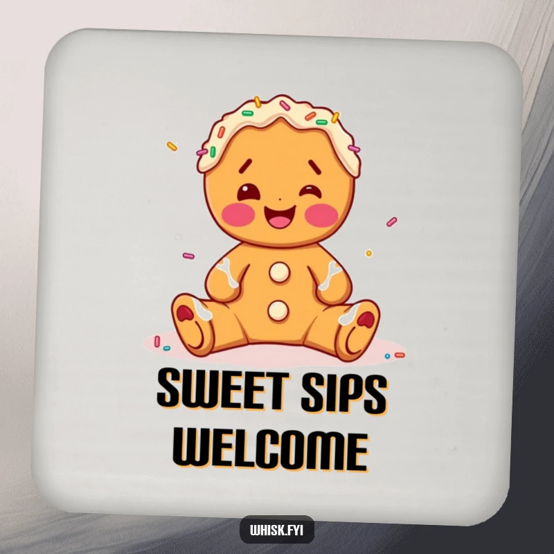 Funny gingerbread man coaster, happily decorating with sprinkles, a festive and functional addition to any tabletop.