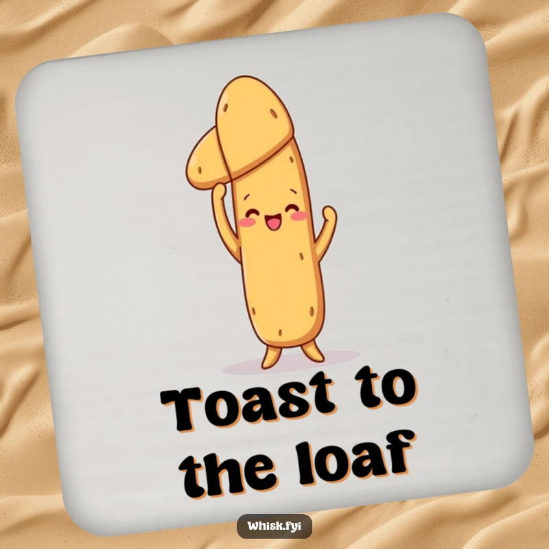 Funny Baguette Coaster: A proud baguette holding a baked loaf, adding a humorous touch to drink protection and surfaces.