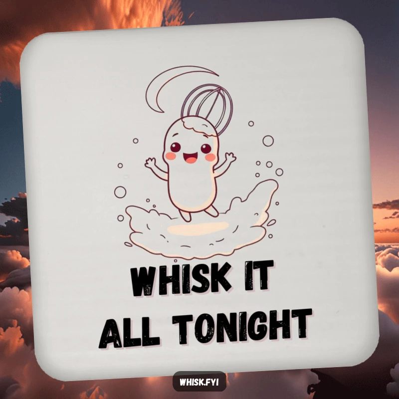 Funny drink coaster featuring a happy, anthropomorphic whisk character twirling playfully in a cloud of flour, a cute kitchen accessory.