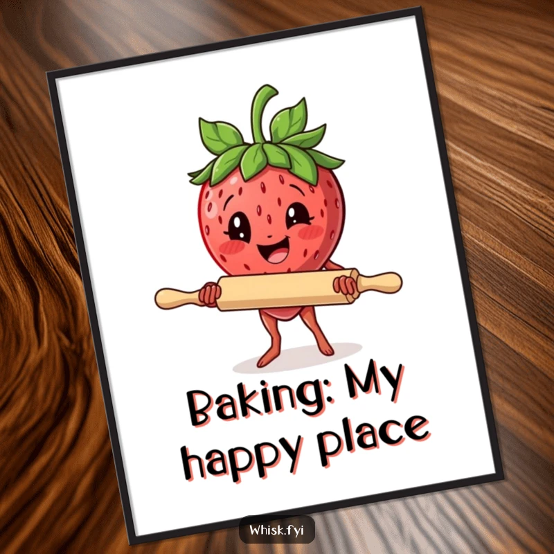 Funny poster print of a delighted strawberry holding a rolling pin with determined effort, a fun kitchen decor piece.