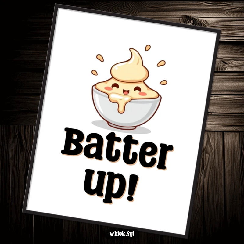 Funny poster art of a charming, happy bowl of batter character spilling with enthusiastic motion, adding whimsical decor.