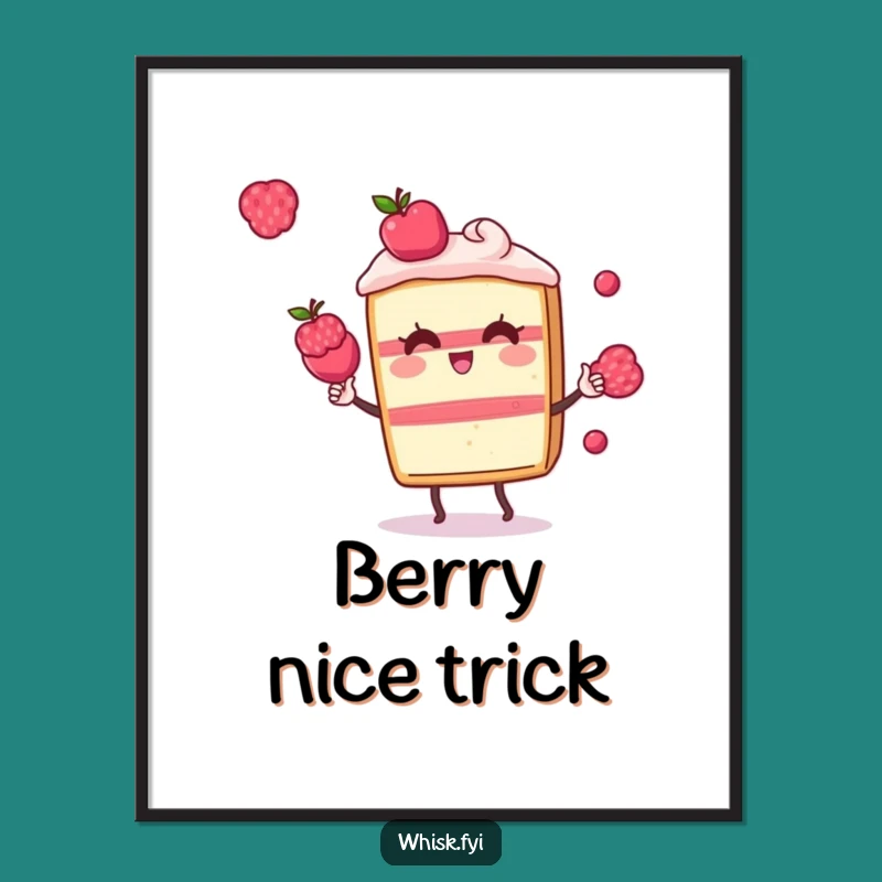 Funny Kawaii Cake Poster: Juggling Berries Slice Art, Unique Funny Gift