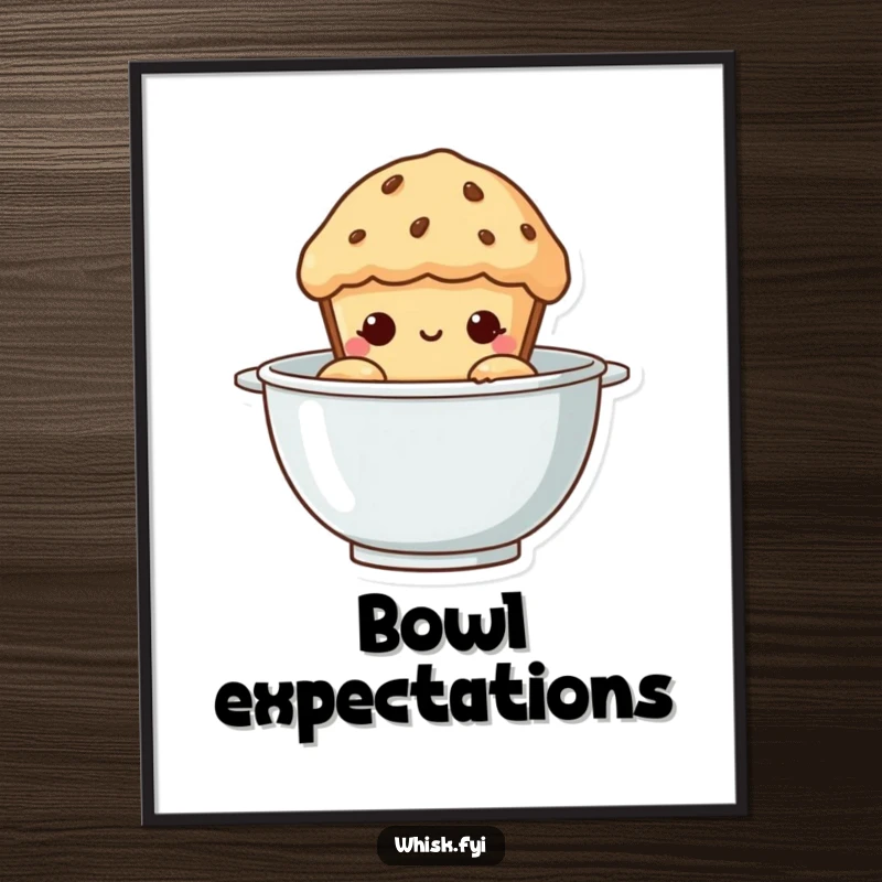 Funny Muffin Poster: A curious muffin with a playful expression peeking from a mixing bowl, adding humor to any wall.