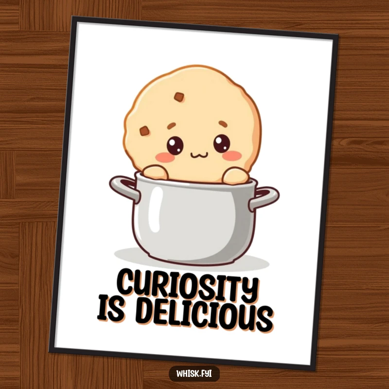 Funny kawaii cookie poster art showing a cute cookie carefully stirring a bubbling pot with a wooden spoon.
